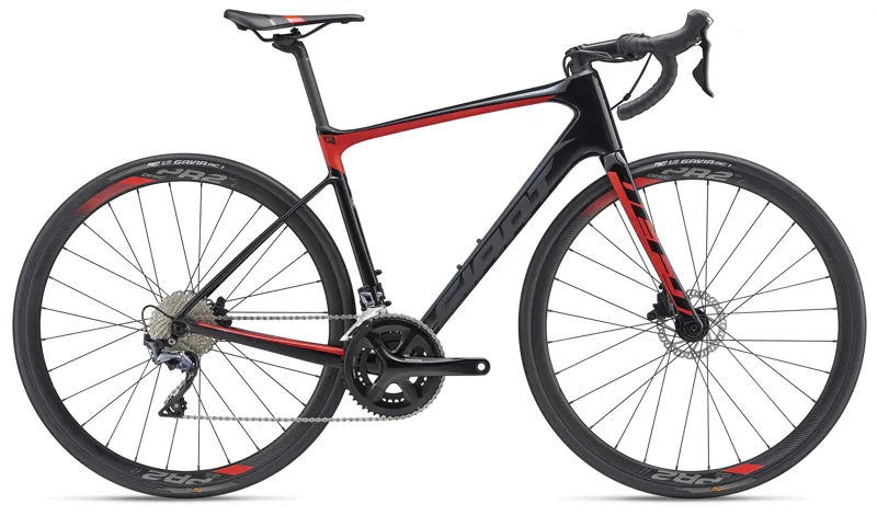 2019 Giant Defy Advanced 1 Mens Road Bike - Gloss Carbon Smoke/Red